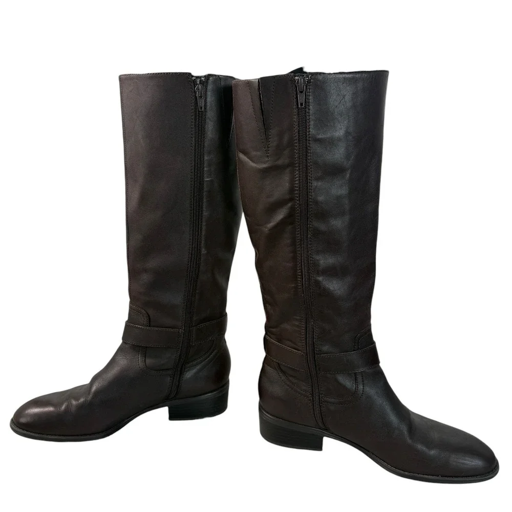 Lauren Ralph Lauren Womens Micah Dark Brown Leather Riding Boots Gold Buckle 9.5